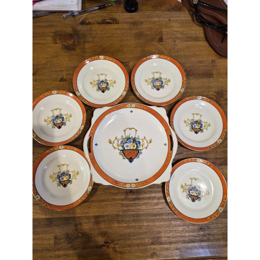 Early Noritake Hand-painted China Cake Service With 6 Cake Plates